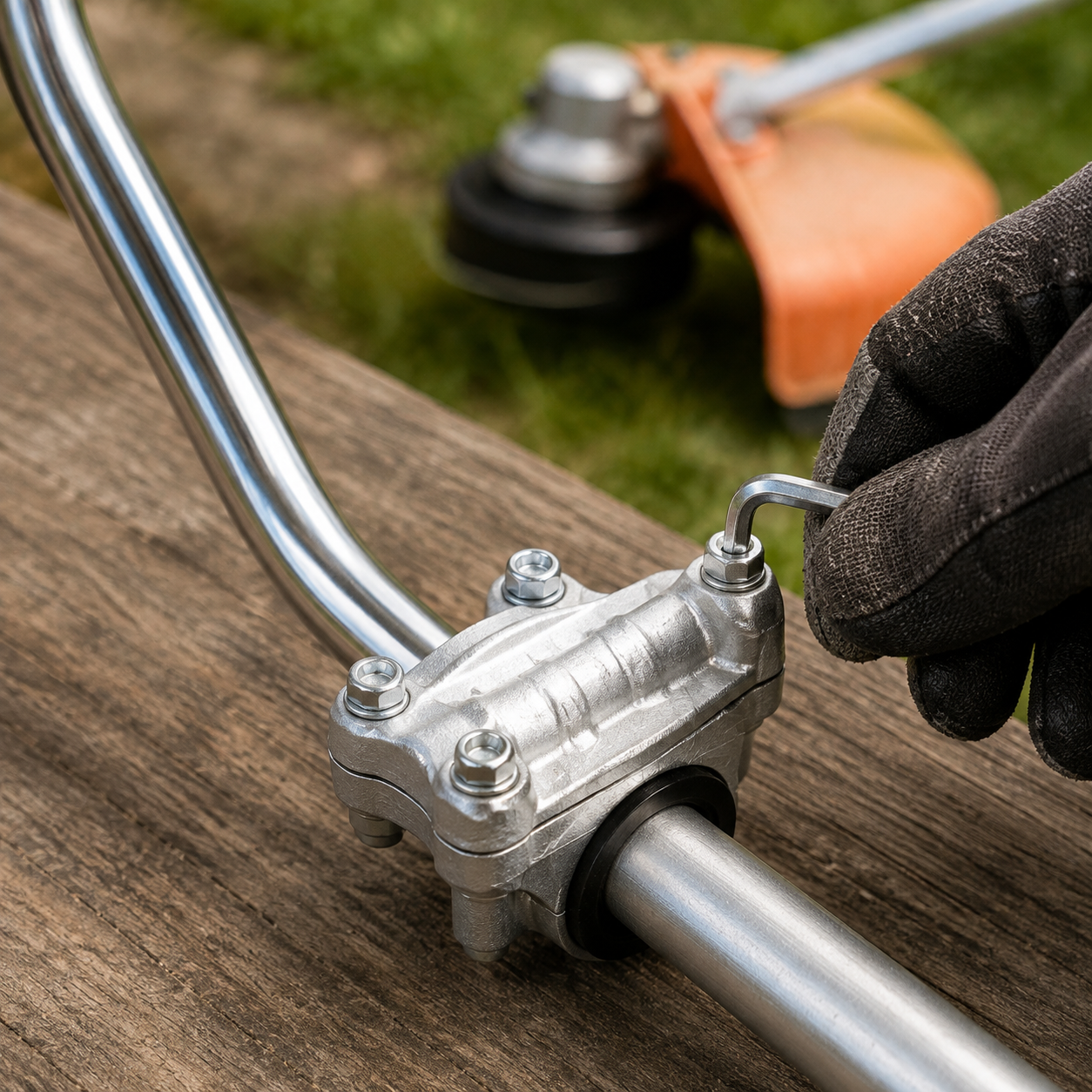 REIGNBAR four-bolt clamp installed around a round trimmer shaft