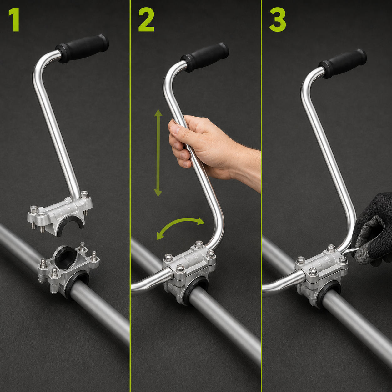 Three-step REIGNBAR clamp, adjust and tighten installation sequence