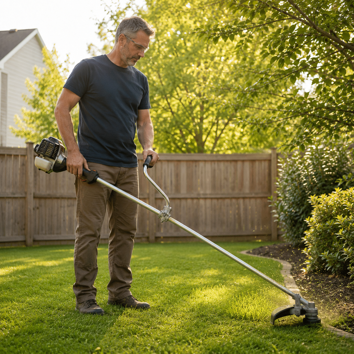 Homeowner trimming with the REIGNBAR ergonomic trimmer handle